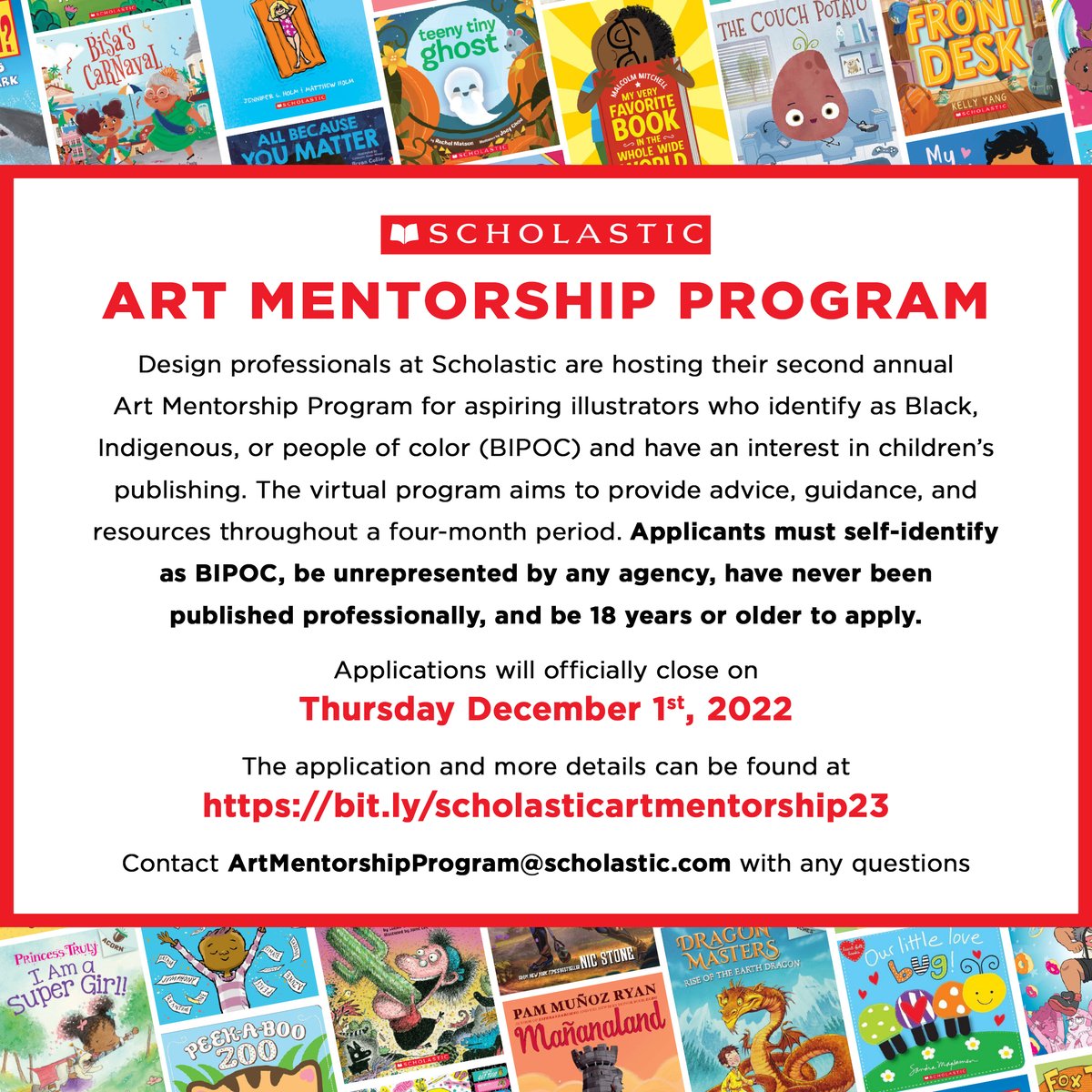 diversebooks's tweet photo. Unpublished &amp; unrepresented illustrators: apply for @Scholastic's Art Mentorship Program! If you identify as Black, Indigenous, or people of color and are 18+, you qualify for this 4-month virtual mentorship. Details + application: https://t.co/Mpk7VPXD6G https://t.co/adYogsTl33