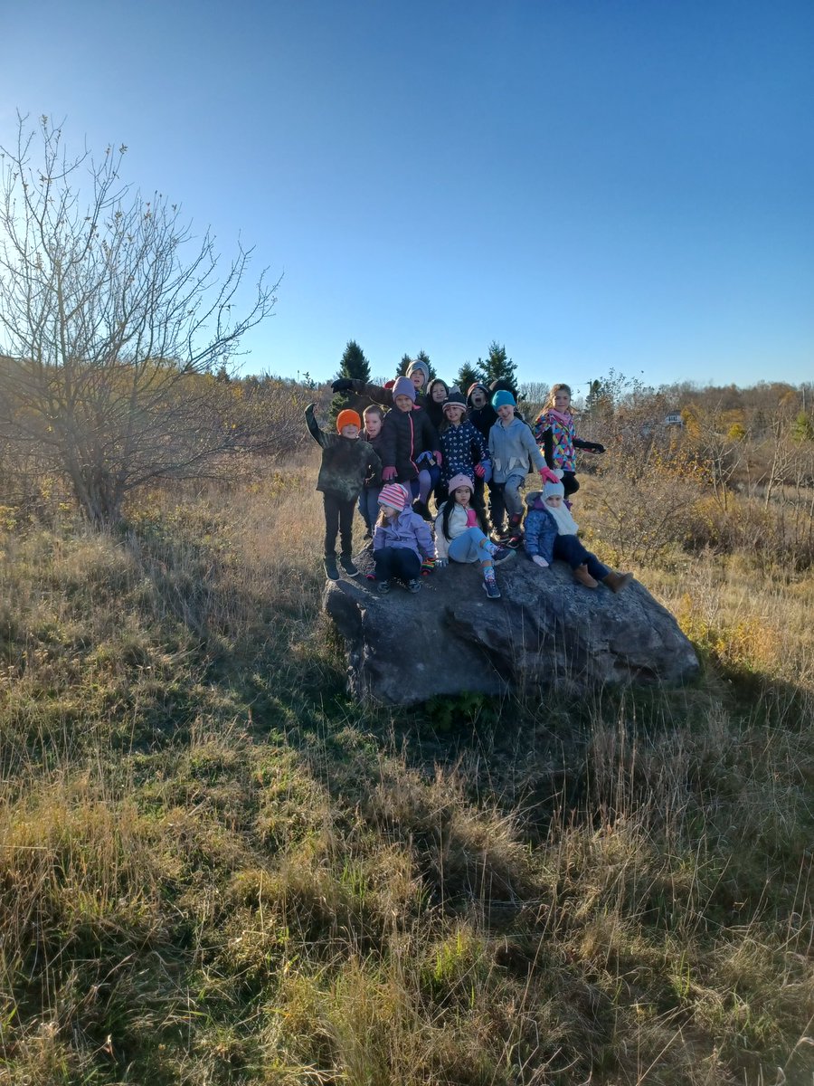 ForestHillsPE's tweet photo. Practicing balancing first thing this morning. We couldn't resist getting a group shot on our famous Forest Hills rock! #outsidePE #PhysEd @ASDS_PhysEd https://t.co/2fXn75SYQI
