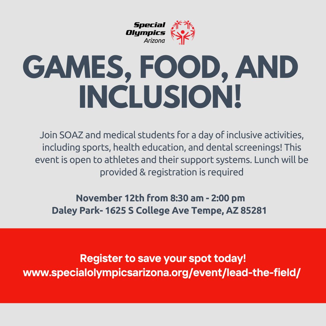 Looking for something inclusive to do this weekend? Join SOAZ for a day of games, community, inclusion, and fun! Spots are limited and registration is required. Visit specialolympicsarizona.org/event/lead-the… to save your spot today! #WeAreSOAZ #PlayUnified #LiveUnified #InclusiveHealth