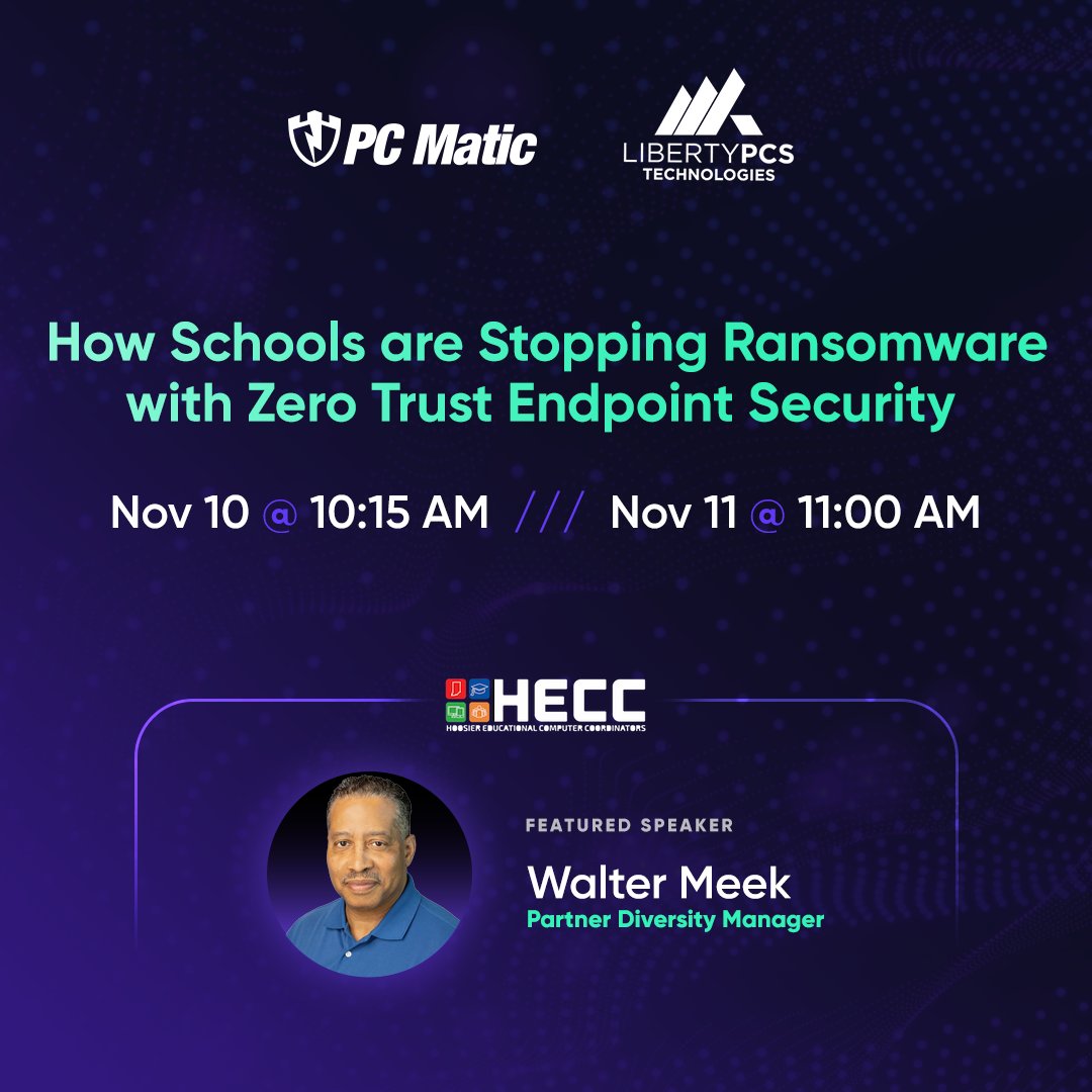 pcmatic's tweet photo. DON'T FORGET: Join @pcmatic's Walter Meek at the HECC Conference for his breakout session on 'How Schools are Stopping Ransomware w/ Zero Trust Endpoint Security' on Nov 10th at 10:15am, or on Nov 11th at 11am!

Learn more here: https://t.co/6ekkK3FQIG https://t.co/rclVmcpIcd