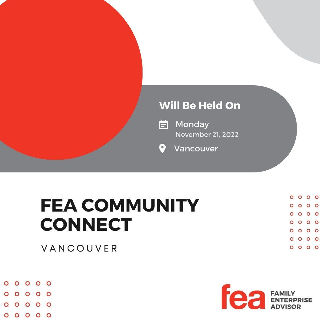 FEA Community Connect is coming to Vancouver! Join us on Monday, November 21st for connecting with other FEAs from your area and to hear from <a href="/nlgarton/">Nicole Garton</a>. We hope to see you there!
ow.ly/SHnv50Lo94M

#familybusiness #familyenterprise #fambiz