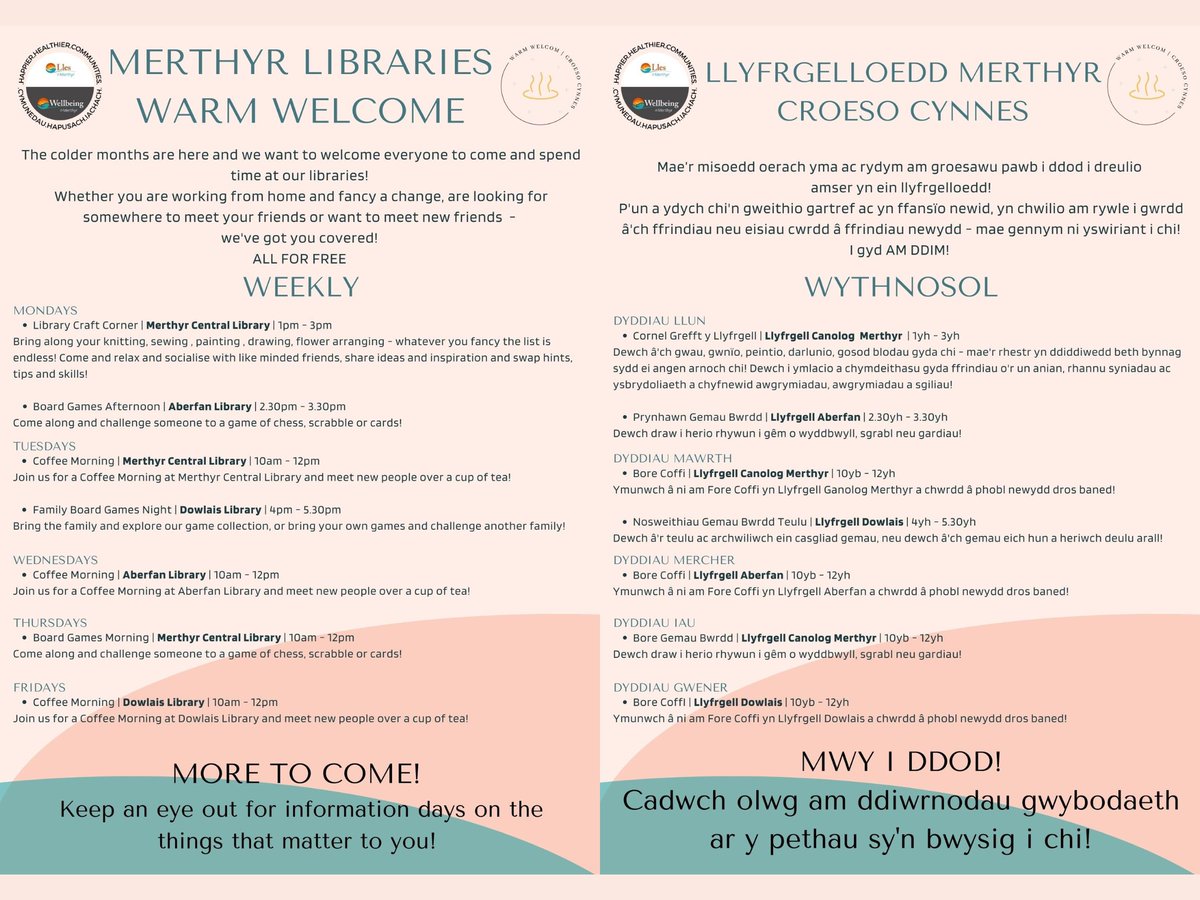 WellbeinMerthyr's tweet photo. Warm Welcome at Merthyr Libraries this winter! No need to book just pop-in!
βπ΅ππ΅β
Croeso Cynnes yn Llyfrgelloedd Merthyr yr gaeaf yma! Does dim angen archebu lle!
#wellbeingmerthyr #warmwelcome #croesocynnes #merthyrlibraries https://t.co/nXSYaCNeMy