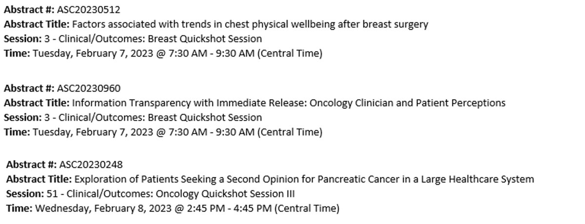 SarahTevisMD's tweet photo. So proud of our trainees with accepted abstracts at #ASC2023! @sudheervemuru  @CUDeptSurg @CUSurgOnc #patientreportedoutcomes #informationtransparency #secondopinion #breastcancer https://t.co/BzCszxcNsi
