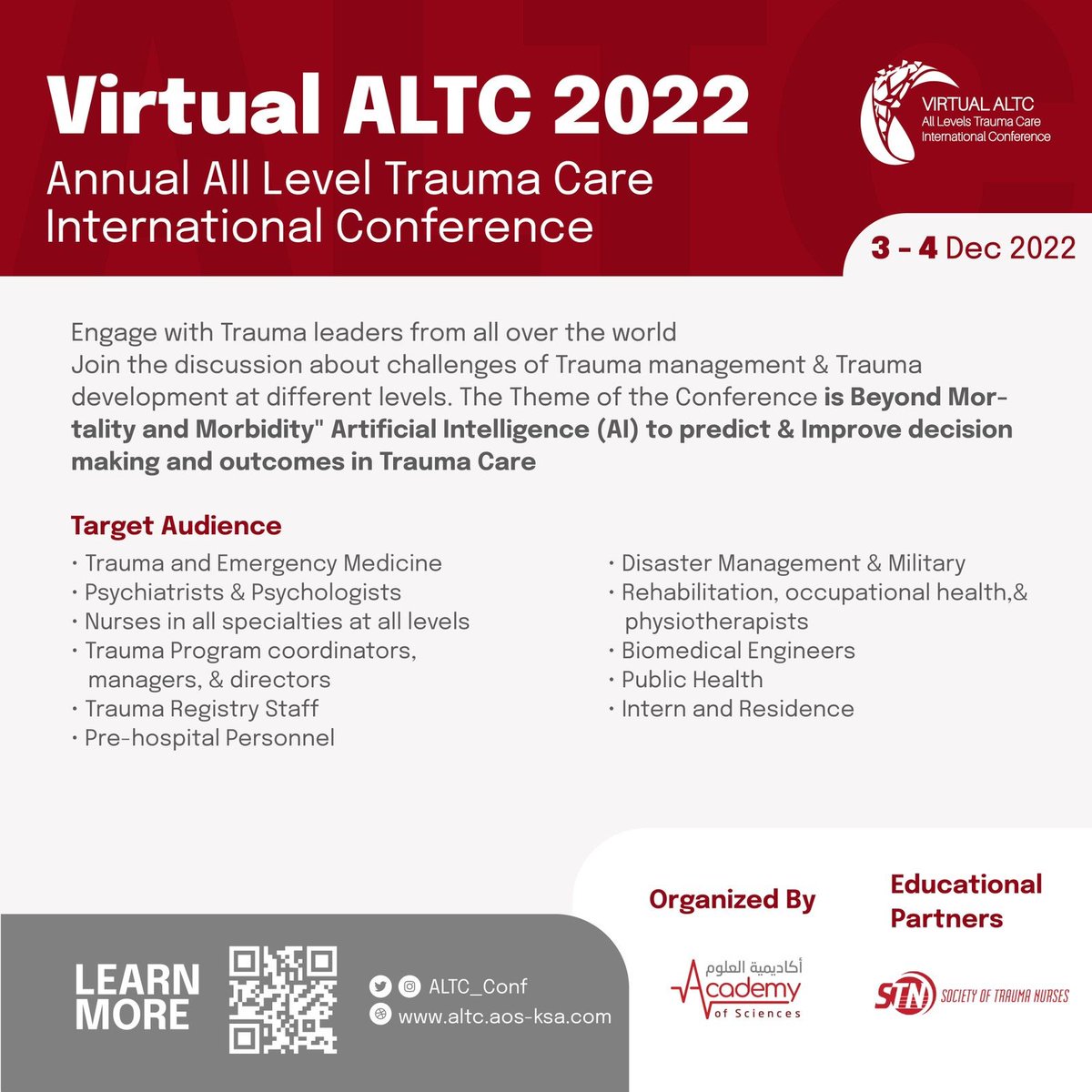 SocTraumaNurses's tweet photo. Take advantage of the Early Bird Registration fee for the #ALTC_2022 before it ends TODAY!

Register now: https://t.co/skseB79jr9 
#مؤتمر_الإصابات_الثالث_لجميع_المستويات

@ALTC_Conf #ALTC_Conf https://t.co/LyxJSwnkFT
