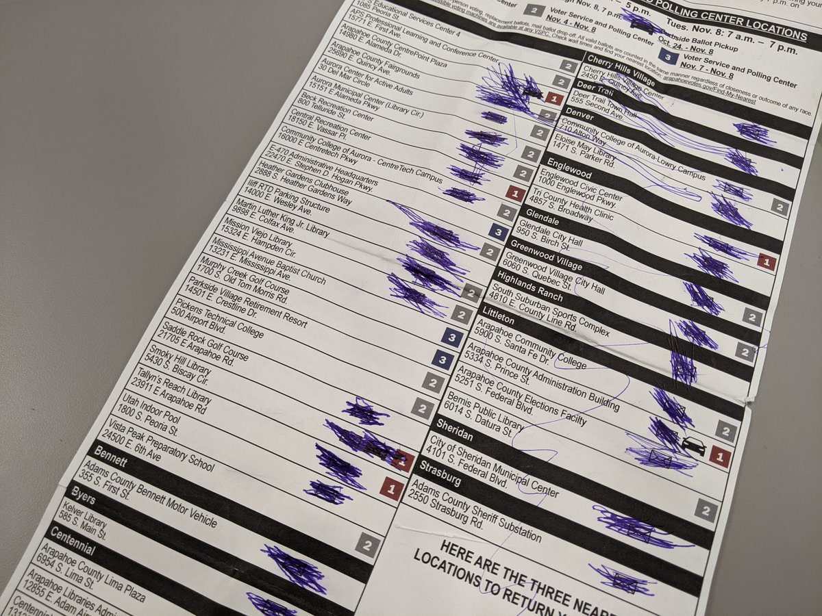 Peg Perl ☕🗳️ 📜🚗💍 (@peg_perl) on Twitter photo Last night when sorting the last run of ballots, our <a href="/ArapahoeClerk/">Arapahoe County Clerk & Recorder</a> team found this envelope placed in a 24hr drop box. Thanks little "voter" and we will be here in 15 years when you are ready for your grown-up ballot. 💜 #DemocracyTNG
#PositivityAtThePolls Last night when sorting the last run of ballots, our <a href="/ArapahoeClerk/">Arapahoe County Clerk & Recorder</a> team found this envelope placed in a 24hr drop box. Thanks little "voter" and we will be here in 15 years when you are ready for your grown-up ballot. 💜 #DemocracyTNG
#PositivityAtThePolls