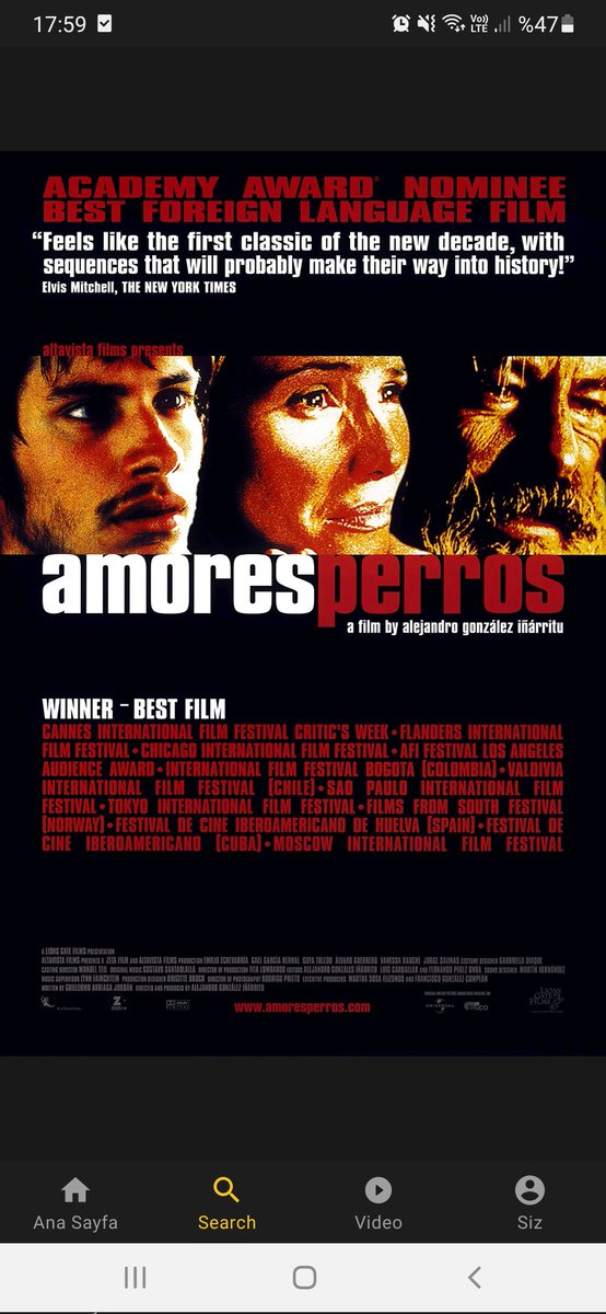 Muhteşem bir film izledim. Alejandro G Inarritu'nun 2000 yapımı filmini iyi oyunculuk görmek isteyen herkese tavsiye ederim. Yönetmenin diğer sevdiğim filmleri The Revenant ve Birdman ❤. #amoresperros #alejandrogonzalezinarritu