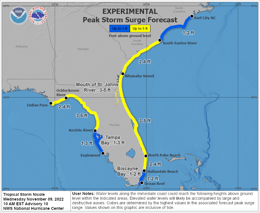 11/09 10am EST: A dangerous storm surge from #Nicole is expected along much of the E coast of FL, portions of coastal GA, &amp; FL Big Bend. The storm surge will be accompanied by large &amp; damaging waves along the Atlantic coast. Residents should listen to advice from local officials.