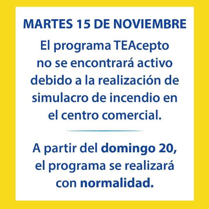 Atención, Abasto Shopping!
El 15 de Noviembre, el programa #TEAcepto no se encontrará activo debido a la realización de simulacro de incendio en el centro comercial. A partir del domingo 20, el programa se realizará con normalidad. ¡Gracias por entender!