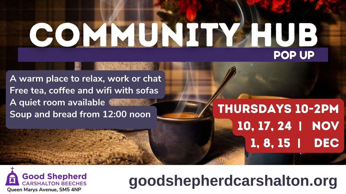 Our warm space initiative starts tomorrow, trialling on Thursdays from 10am-2pm. Come and join us for sofas, free tea/coffee, a quiet workspace with good WiFi, and soup lunch… all welcome 
<a href="/SouthwarkCofE/">Southwark Diocese</a> <a href="/changesutton/">suttoncommunityworks</a> #warmspaces