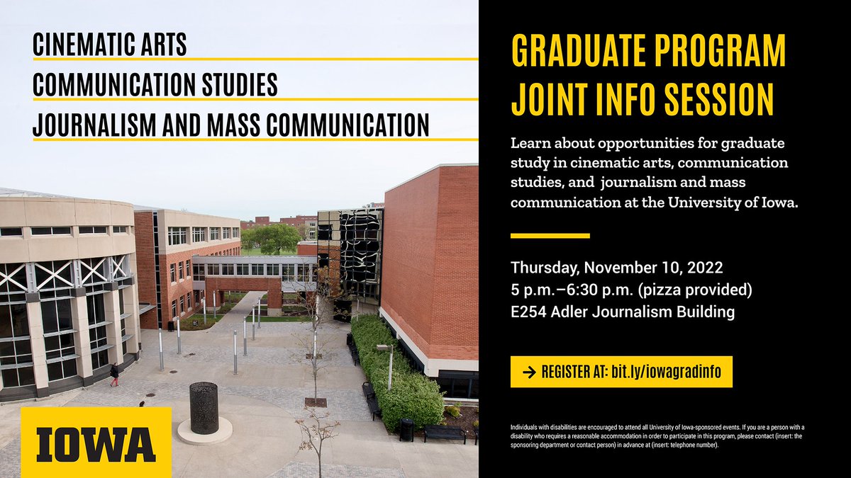 TONIGHT! Come to our joint info session with @IowaCommStudies and @UIOWA_SJMC to learn more about the graduate programs offered at UIowa. 5 p.m. E254 AJB. Register at bit.ly/iowagradinfo