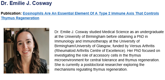 EosinophilSoc's tweet photo. IES names Dr. Emilie J. Cosway as one of two Gerald J. Gleich Awardees for her high impact publication in eosinophil biology. She will present her work during the upcoming 2023 IES Symposium.

https://t.co/1xHtmf1g54 https://t.co/efvmNrh7OJ