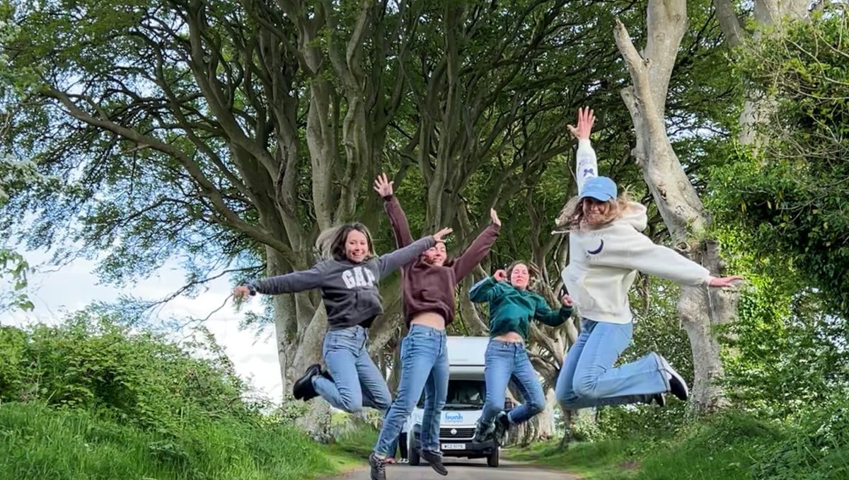 Jumping for joy at the Dark Hedges, Northern Ireland. Discover the road trip of a lifetime. 

Learn about the places to visit in Northern Ireland- 
 bunkcampers.com/en/campervan-h…

#Campervan #RoadTrip