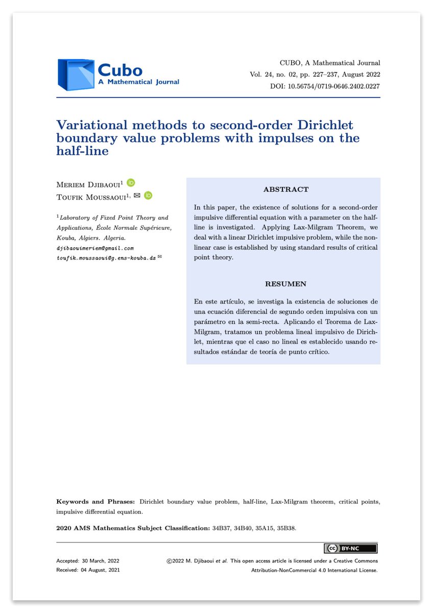 Cubo_Journal's tweet photo. 📄 “Variational methods to second-order Dirichlet boundary value problems with impulses on the half-line” by Meriem Djibaoui and Toufik Moussaoui. Read more here: https://t.co/4HVtaYAx1E https://t.co/TjYkFBEldt