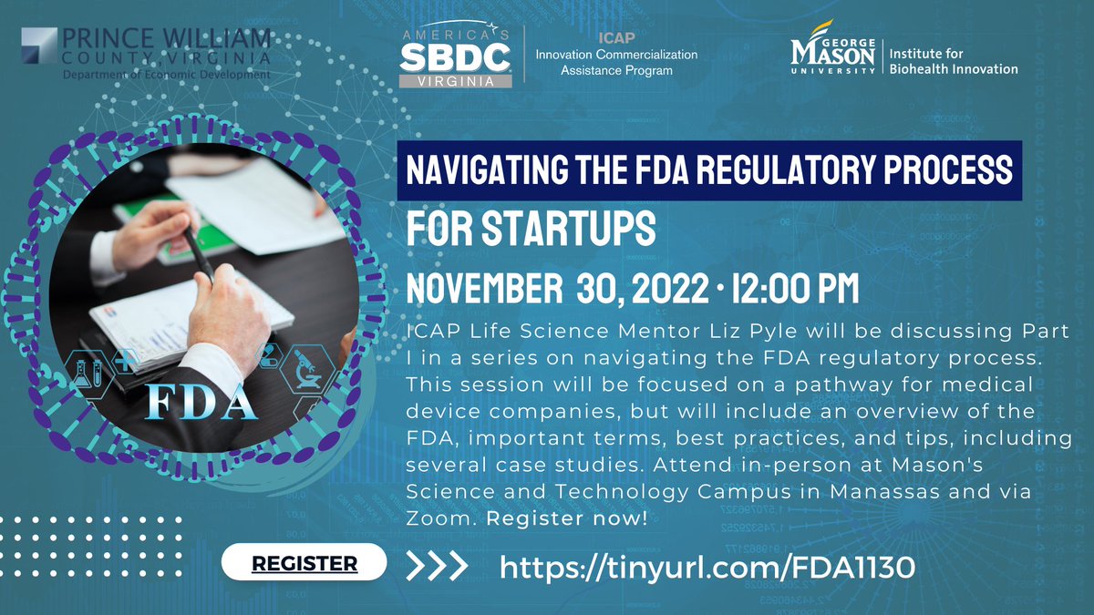 Are you a #lifescience #startup needing assistance with the #FDA Regulatory Process? You won't want to miss this 11/30 at 12PM join us w/@vabio for a presentation on navigating the FDA regulatory process for medical device companies, best practices & tips lnkd.in/eK98-UrT