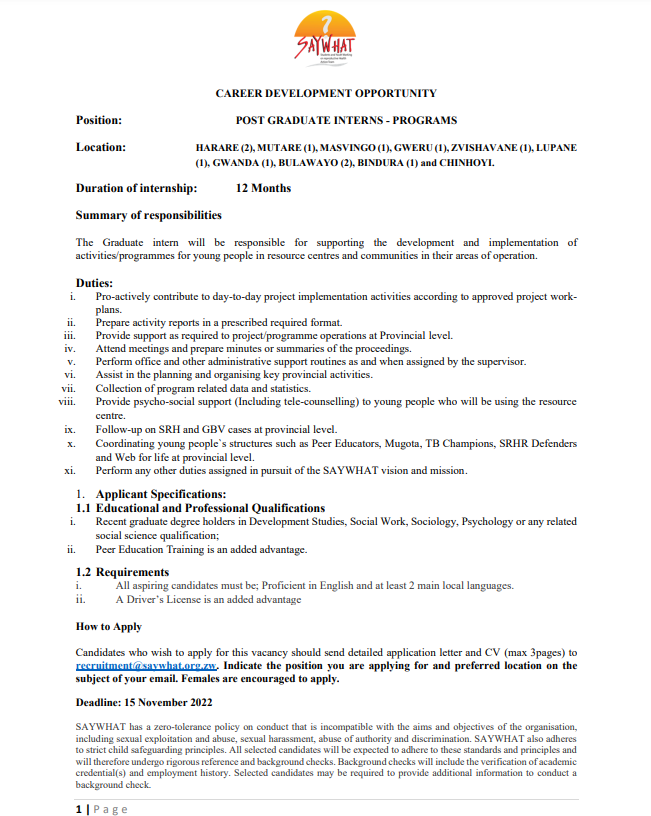 A career development opportunity has risen in our organization for Post Graduate Interns under our Programs wing. See attachment below for more details.
#SAYWHAT 
@ngonewsdigest <a href="/jobs263/">Jobs263</a>
