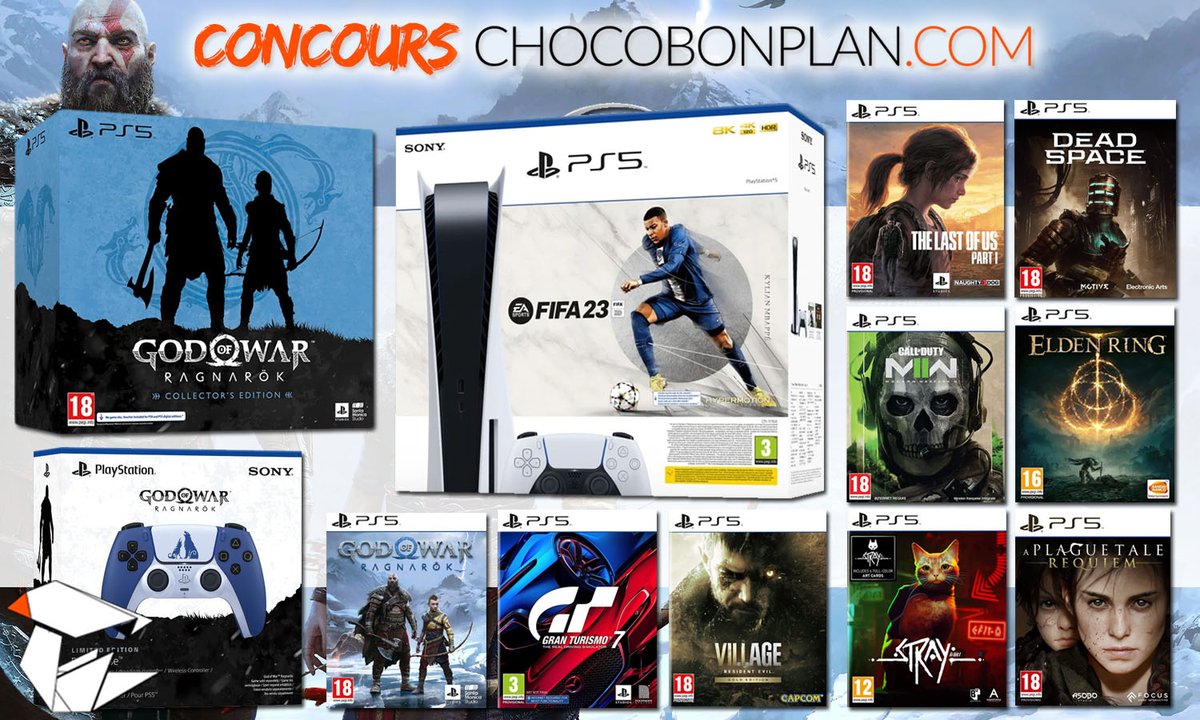 🔥🎁1 Megapack #PS5 à gagner ! Pour participer : - Suivre @ChocoBonPlan - RT ce tweet Contient : - Console PS5 #FIFA23 - GOW Ragnarok Collector (+jeu en boîte) - Dualsense GOW - 8 jeux (TLOU, DSRemake, MW2, EldenRing, GT7, REVIII, Stray, Plague Tale Req.) Tirage le 27/11