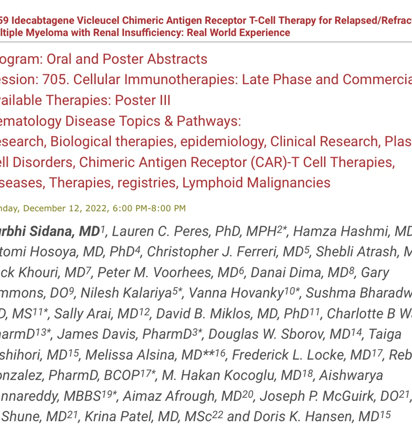thisisJamesD's tweet photo. 3rd of 5 #ASH22 abstracts
The KarMMa trial excluded patients with renal dysfunction.
The US MM Cellular Therapy Consortium investigates whether #idecel is safe and effective for these patients #mmsm #myeloma @SurbhiSidanaMD @hamzahashmi87 @DrKrinaPatel
https://t.co/2Dnxg3wtvq https://t.co/CG030j0SAn