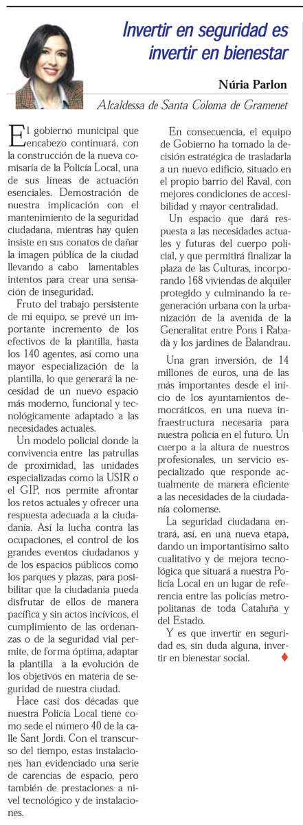 ⌨️  La seguridad ciudadana entrará, con la nueva comisaría, en una nueva etapa que situará a nuestra Policía Local como referencia entre las policías metropolitanas. “Invertir en seguridad, invertir en bienestar”, artículo de <a href="/nuriaparlon/">Parlon #apeudecarrer #interioriseguretatpública</a> publicado en <a href="/elmirallnet/">El Mirall.net</a>. #santacoloma🌹