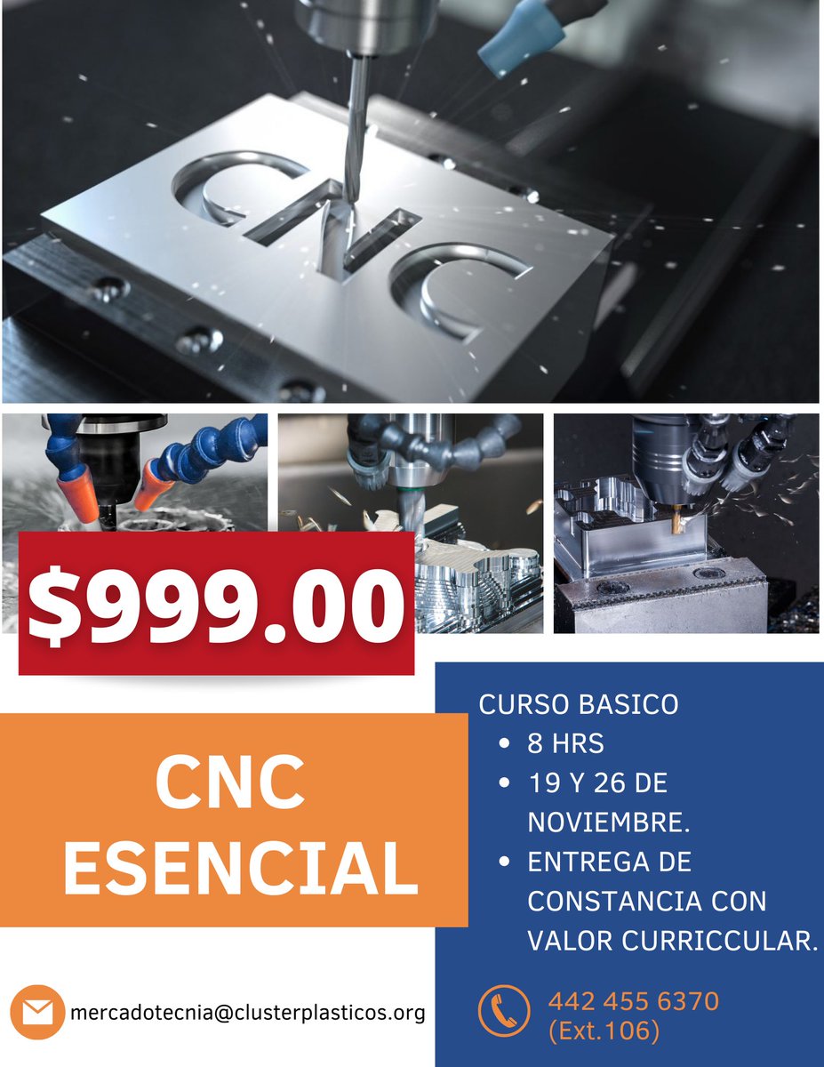 🔊CURSO - CNC ESENCIAL
👉SOLICITA EL TEMARIO👈
⭕Mayor Información
✔Teléfonos: (442) 455 6370 (Ext. 106)
✔WhatsApp: +52 442 601 0709
✔Correo: mercadotecnia@clusterplasticos.org
#Capacitación #presencial #online #industria #sensoreselectronicos #plastico #procesos