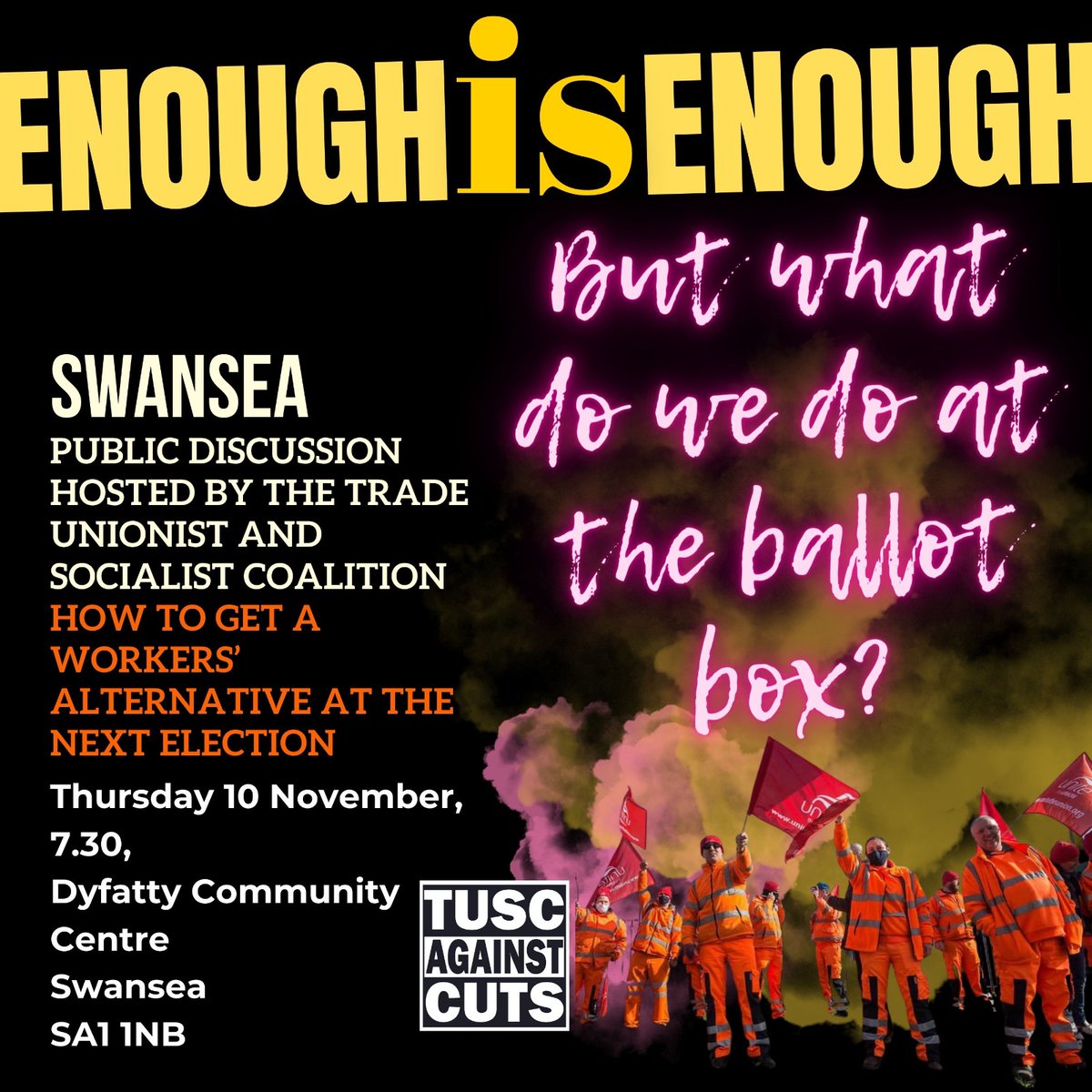 TUSCoalition's tweet photo. 𝗧𝗛𝗜𝗦 𝗧𝗛𝗨𝗥𝗦𝗗𝗔𝗬
If you're nearby, come to the #TUSC public meeting in #Swansea on how to build a socialist, anti-austerity, alternative at elections 
More info: https://t.co/X7MAzGUpv6
Get involved: https://t.co/q9SiRAY5Xt
Make a donation: https://t.co/ivIZDXedXL https://t.co/YLb7WHhgYQ