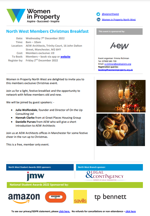 Women in Property NW (@wipnorthwest) on Twitter photo ๐นLast few places for our <a href="/wipnorthwest/">Women in Property NW</a> Members Xmas Breakfast๐on Wed 7th Dec, 8am-10am at event sponsors @AEWarchitects offices on John Dalton Street #Manchester๐นGuest speakers <a href="/JuliaWolfendale/">JuliaWolfendale ๐บ๐ฆ</a> of <a href="/On_The_Up/">On The Up Consulting Ltd๐</a>, Hannah Clarke from <a href="/MyGreatPlace/">Great Places Housing Group</a> & Danielle Purves of @AEWarchitects ๐นLast few places for our <a href="/wipnorthwest/">Women in Property NW</a> Members Xmas Breakfast๐on Wed 7th Dec, 8am-10am at event sponsors @AEWarchitects offices on John Dalton Street #Manchester๐นGuest speakers <a href="/JuliaWolfendale/">JuliaWolfendale ๐บ๐ฆ</a> of <a href="/On_The_Up/">On The Up Consulting Ltd๐</a>, Hannah Clarke from <a href="/MyGreatPlace/">Great Places Housing Group</a> & Danielle Purves of @AEWarchitects
