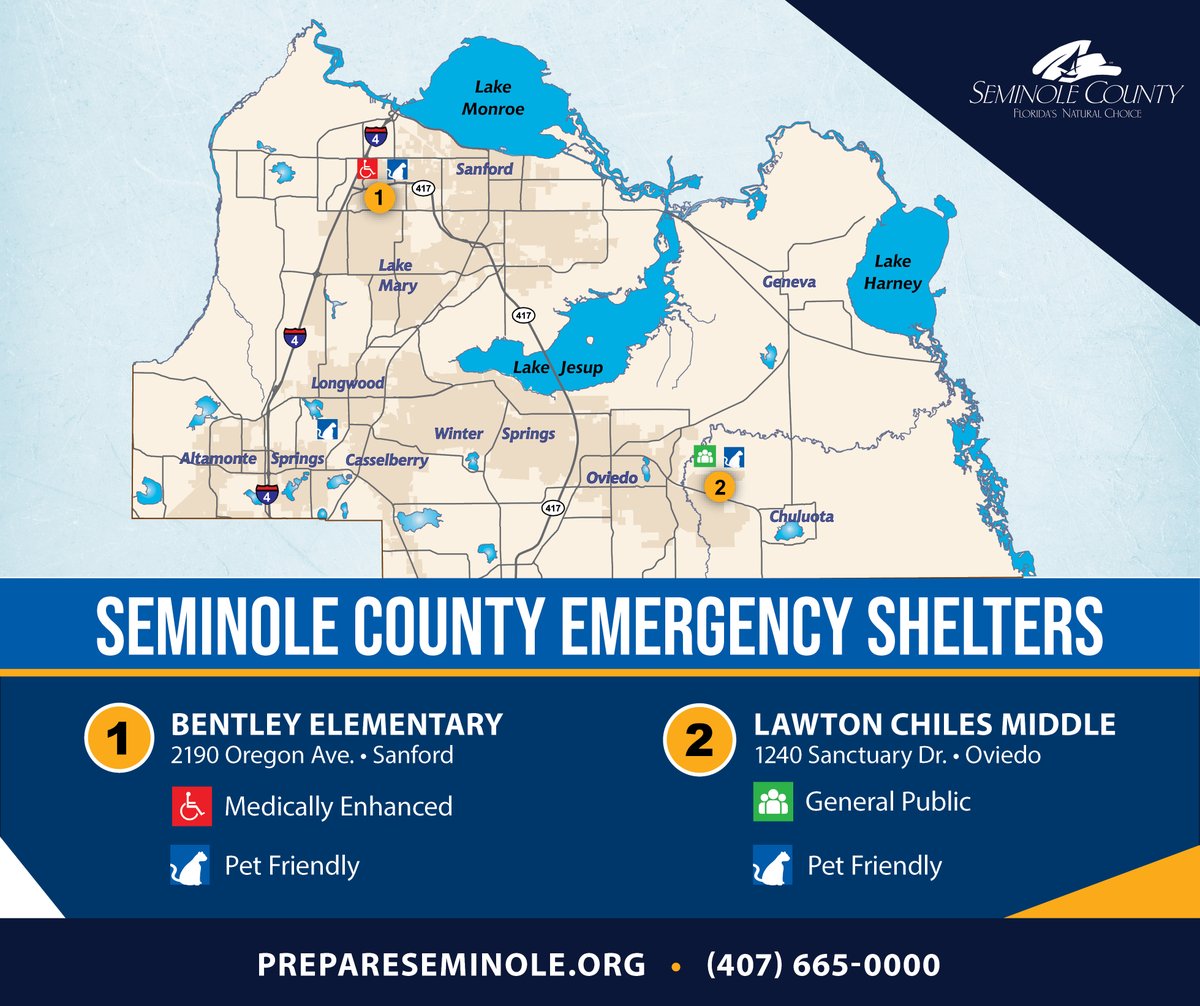 SHELTER OPENINGS: The following Seminole County shelters open at 10:00 a.m. Wednesday, November 9, 2022.

GENERAL POPULATION + PETS: - Lawton Chiles Middle School - 1240 Sanctuary Dr, Oviedo 
SPECIAL NEEDS SHELTER + PETS: - Bentley Elementary School - 2190 S Oregon Ave, Sanford