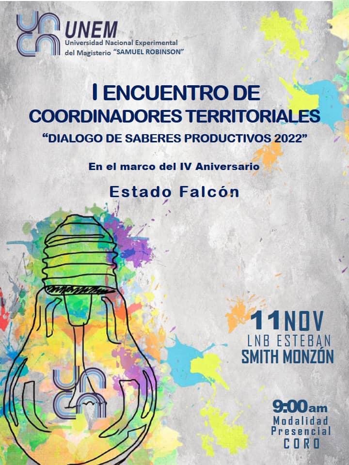 Atención 📢 ||  La #UTGUFalcón te invita este #11Nov al I Encuentro de Coordinadores Territoriales "Diálogos de Saberes Productivos 2022". La cita es a las 9:00 am ⏰en el L.N.B Estaban Smith Monzón📍

¡Te esperamos!
#NuestraCecilia
<a href="/NicolasMaduro/">Nicolás Maduro</a> 
<a href="/_LaAvanzadora/">Yelitze Santaella</a> 
@TibisayLucena8