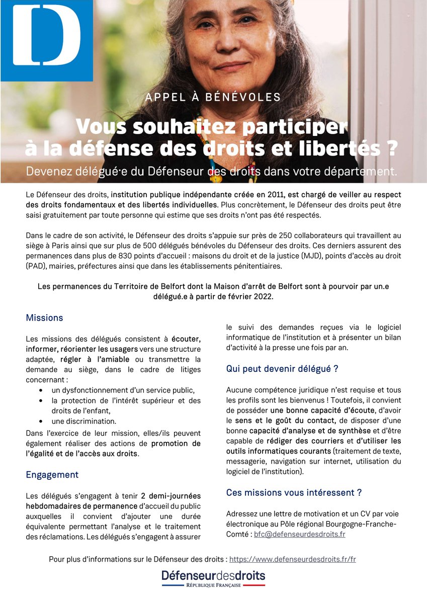 📢 Appel à bénévoles ! 📢
Le défenseur des droits cherche un·e délégué·e dans le territoire de Belfort