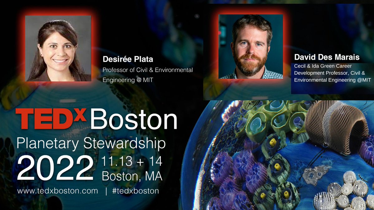 MIT_CEE's tweet photo. Prof. Desiree Plata and Prof. Dave Des Marais will be speaking at #TEDxBoston Planetary Stewardship on 11/13 and 11/14. Register here: https://t.co/kOmZN6PmJb https://t.co/Eku1V2VYak