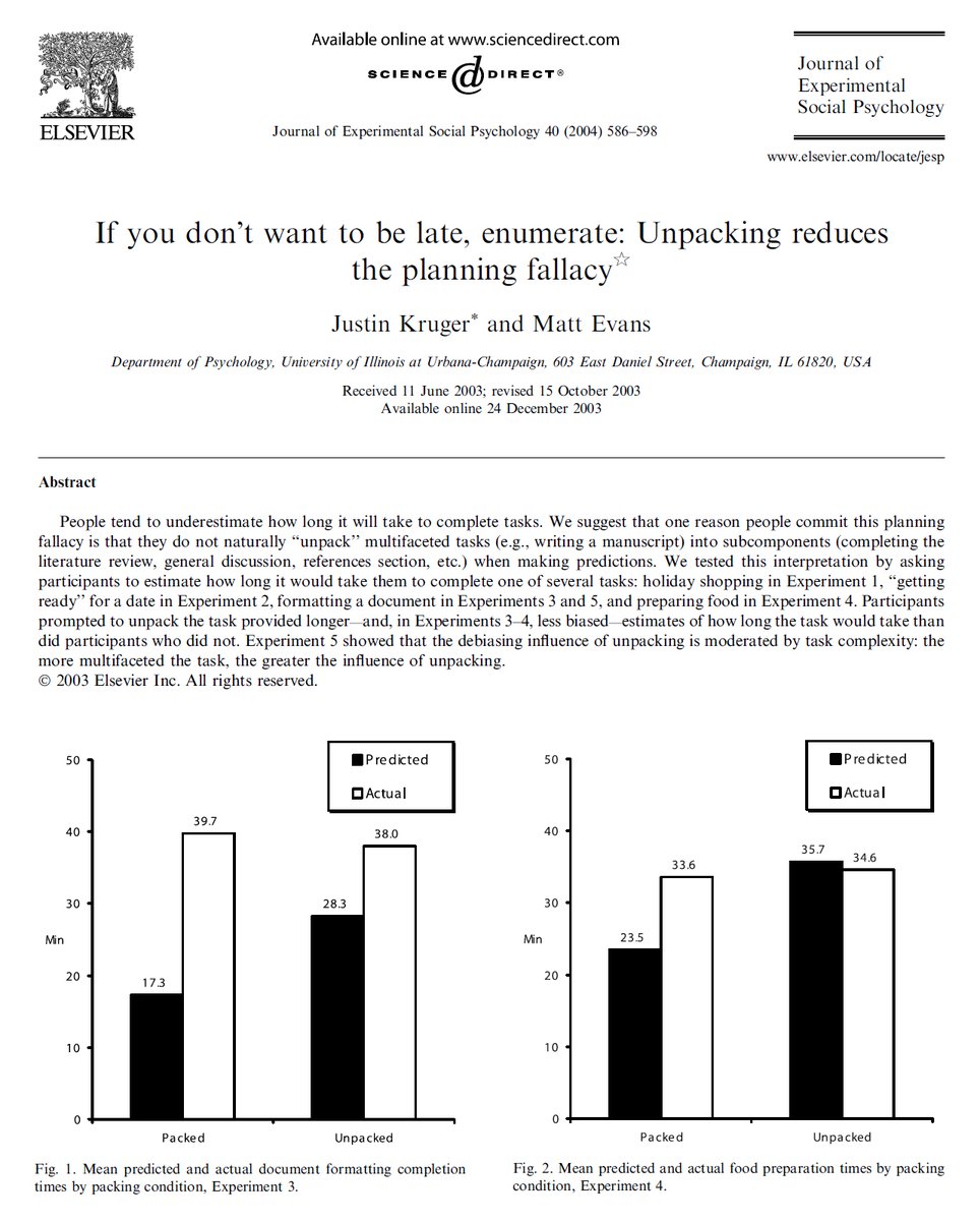 Adam Grant (@adammgrant) on Twitter photo If you're always late, blame the planning fallacy: we underestimate how long tasks take.
5 experiments: when we unpack a task into its parts, we set more realistic expectations.
Motivation springs from zooming out to see the purpose. Planning requires zooming in on the process. If you're always late, blame the planning fallacy: we underestimate how long tasks take.
5 experiments: when we unpack a task into its parts, we set more realistic expectations.
Motivation springs from zooming out to see the purpose. Planning requires zooming in on the process.