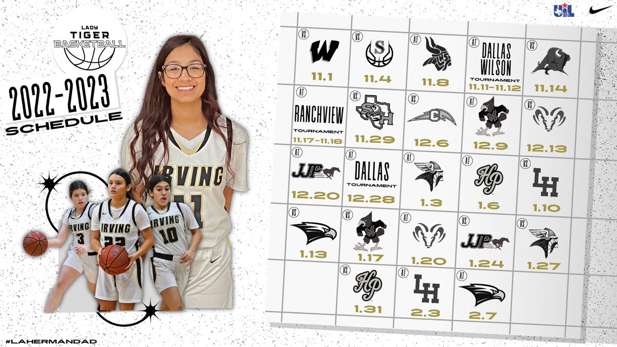 Peep the new schedule 👀 
Go check out a 🏀 game this season! 

@ladytigerball @IrvingISD @IISDAthletics @CoachRobIHS @sambacker61 @IrvingHigh 
#Icy #LaHermandad #LadyTigerBasketball #TexasTornadoDesigns