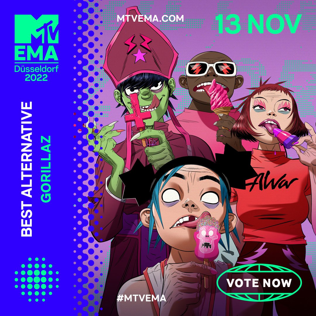 murdocniccals's tweet image. Just heard that voting ends TONIGHT for the MTV EMAs – suppose I better figure out who to thank in my speech if Gorillaz win. His Majesty the King, for starters. Then thanks to the fans for voting. But mostly, thanks to me for creating Gorillaz. mtvema.com/en-gb/vote/bes…