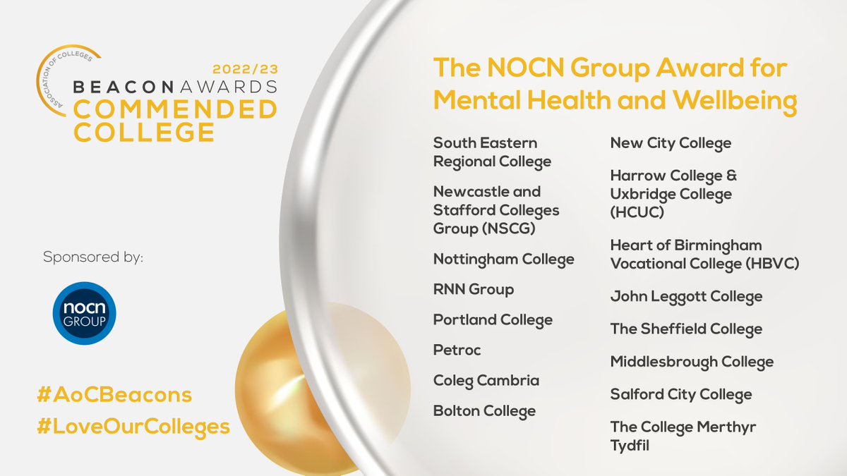 We are delighted to be named as a commended college in the AoC Beacon Awards this year in the Mental Health & Wellbeing category. We look forward to hearing the announcement of the finalists at the AoC Annual Conference on 15 November! #AoCBeacons @AoC_info @AoCmids