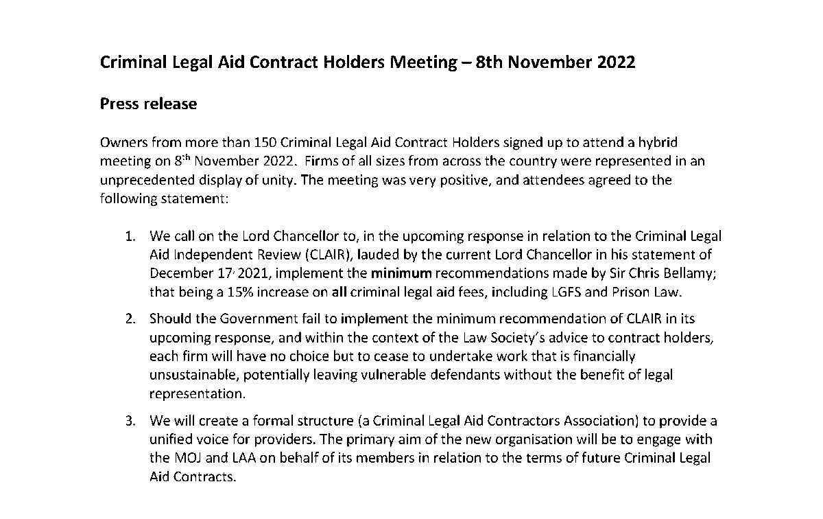 RockMSltd's tweet photo. Press release from yesterday's Criminal Legal Aid Contract Holders' Meeting https://t.co/SlFuYssBmR
