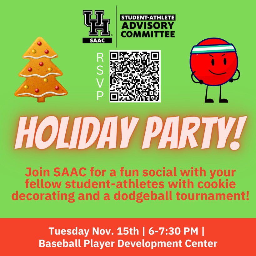 With the holiday season right around the corner, join us for a night of cookie decorating and dodgeball tournament with your fellow athletes! Please wear your favorite pajamas and RSVP through the QR code.