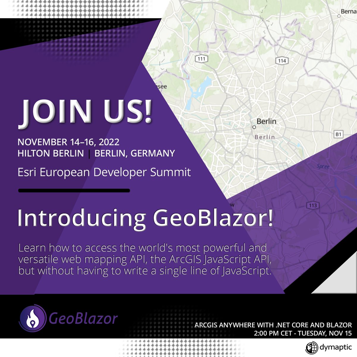 dymaptic's tweet image. Come join us next week at the 2022 Esri European Developer Summit where we'll have the opportunity to introduce our newest product GeoBlazor and talk all things ArcGIS.
#developercommunity #conference2022 #developer #arcgis #mapping #javascript #api #esri