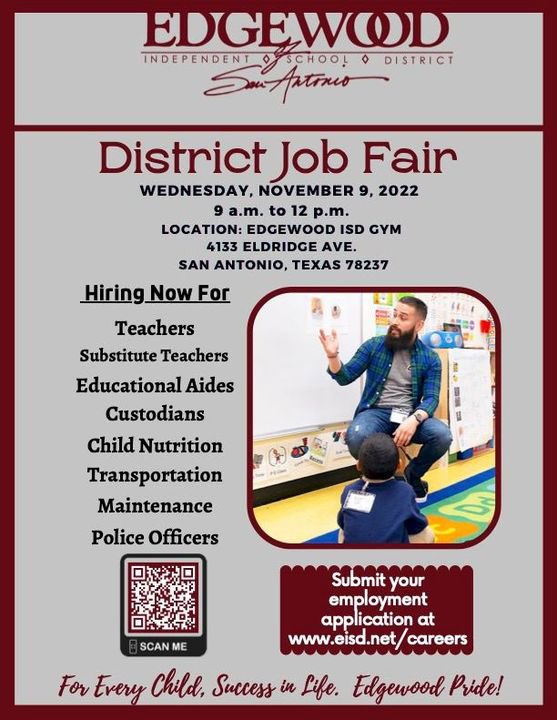 ⭐️Come join our team, we are having a District Job Fair today from 9:00am-12:00pm at the Edgewood Gym. We can’t wait to see you!!