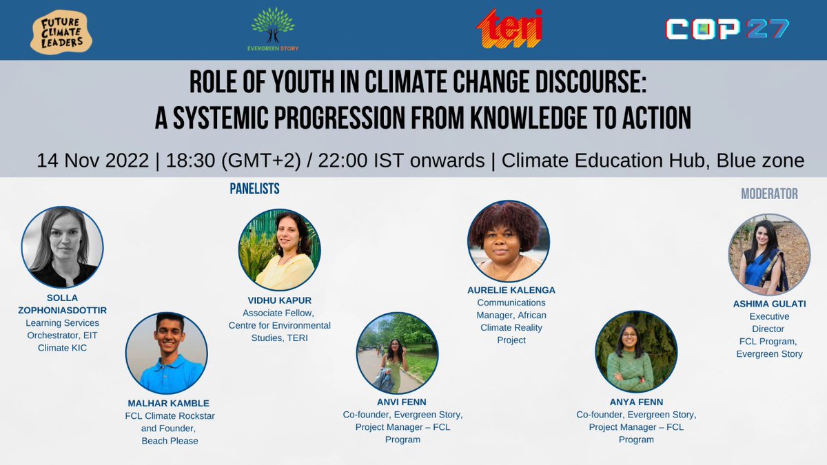 🌍 Excited to present our panelists for our side event, "Role of Youth in Climate Change Discourse: A Systemic Progression from Knowledge to Action," organized at the UN Climate Conference <a href="/COP27P/">COP27</a>! 

📺 Catch us LIVE from the link: youtu.be/bjARQsOIRio

#COP27 #cop27egypt