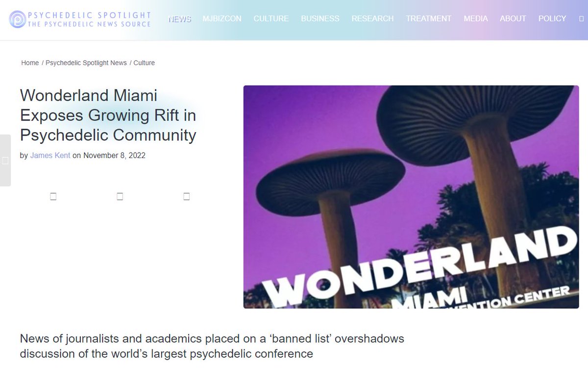 Article - #WonderlandMiami Exposes Growing Rift in Psychedelic Community

'News of journalists and academics placed on a 'banned list' overshadows discussion..'

Screenshot here as Psychedelic Spotlight appears to be having website issues: imgur.com/a/uNiytvZ

- Mr. Mouse