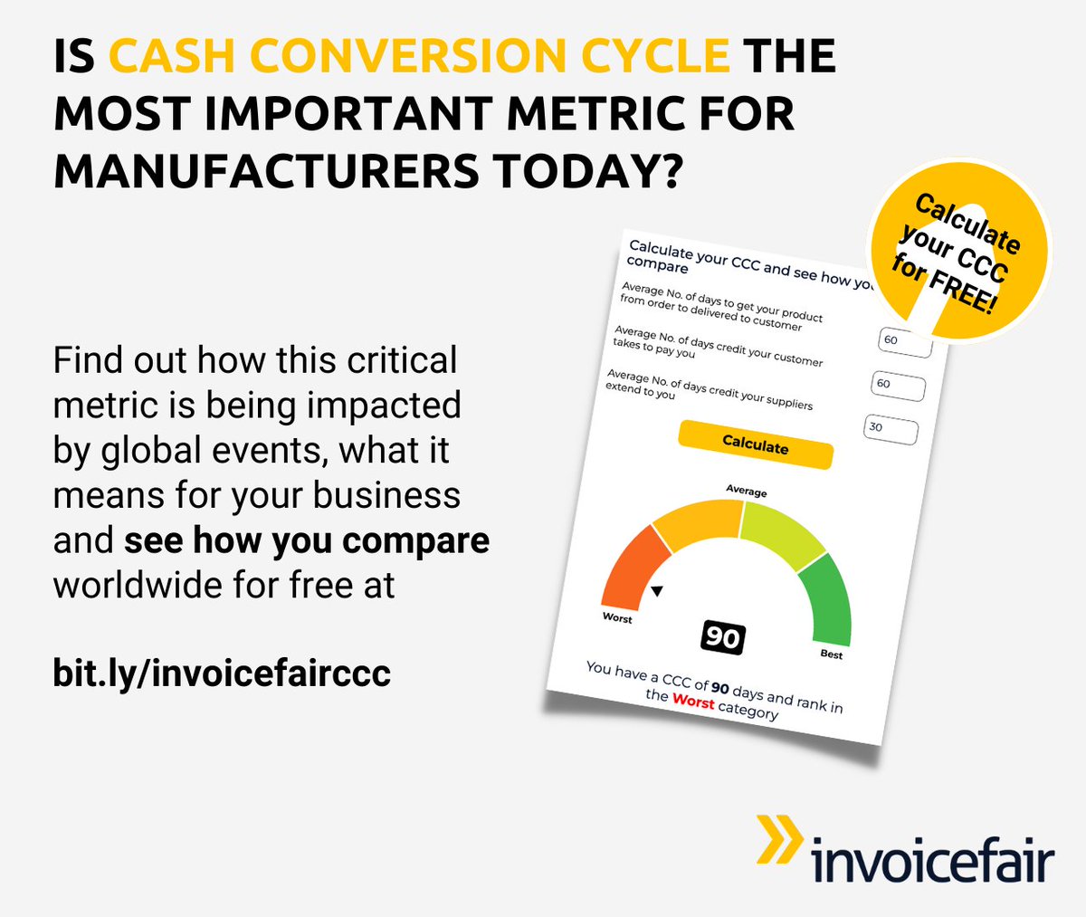 befinancefair's tweet image. Are you a Manufacturer? Find out what your Cash Conversion Cycle is and how it can be used to better manage your business in these turbulent times bit.ly/invoicefairccc #Manufacturing #Management #SME