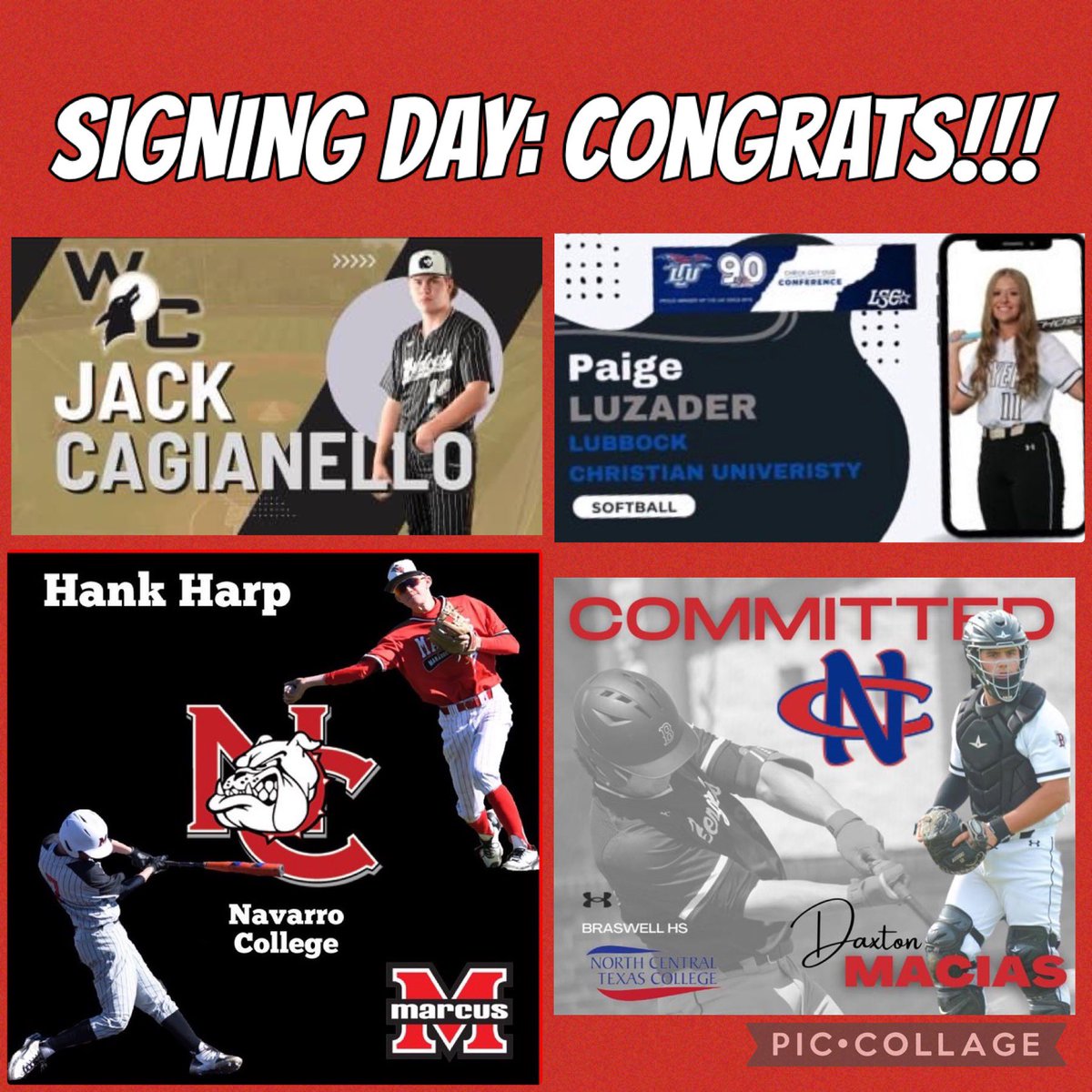 SIGNING DAY
Congrats to these 4 athletes who have spent so many hrs working to get to this day! Well deserved!
@HankHarp @MarcusBaseball @NavarroBasebal1 
@jackcag14 @Guyer_Baseball @WCoyoteBaseball 
@paige_luzader @GuyerSoftball
@LCUCHAPS 
@DaxtonMacias Braswell @NctcBaseball