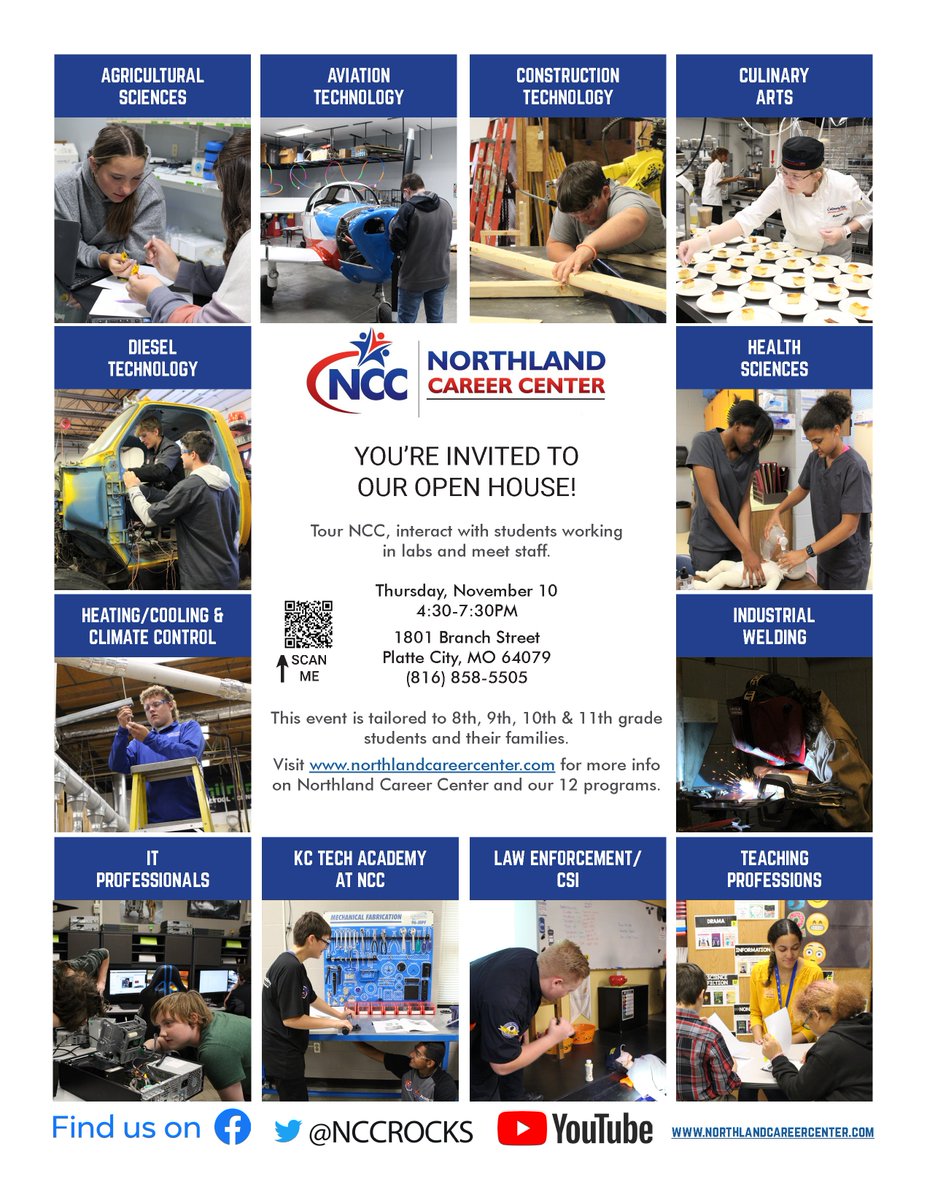 NCC's Open House is TOMORROW!  Families with students in 8th-11th grades are invited to tour NCC, interact with students, and meet staff during NCC's open house from 4:30-7:30 p.m. TOMORROW, Nov. 10!

NCC is at 1801 Branch Street, Platte City, MO 64079. #NCCRocks