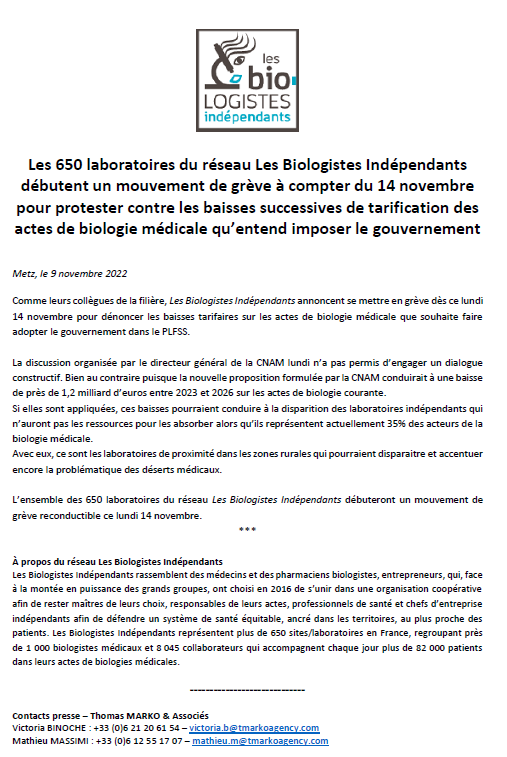 Reseau_LBI's tweet photo. Face au refus de négociation de l’Assurance Maladie et du gouvernement sur le #PLFSS2023, les 650 labos du réseau LBI seront en grève à partir du lundi 14 novembre. #SOSBiologie
 
Signez la pétition👉 
https://t.co/4p0ukLSTTY https://t.co/f3rErmTBBk