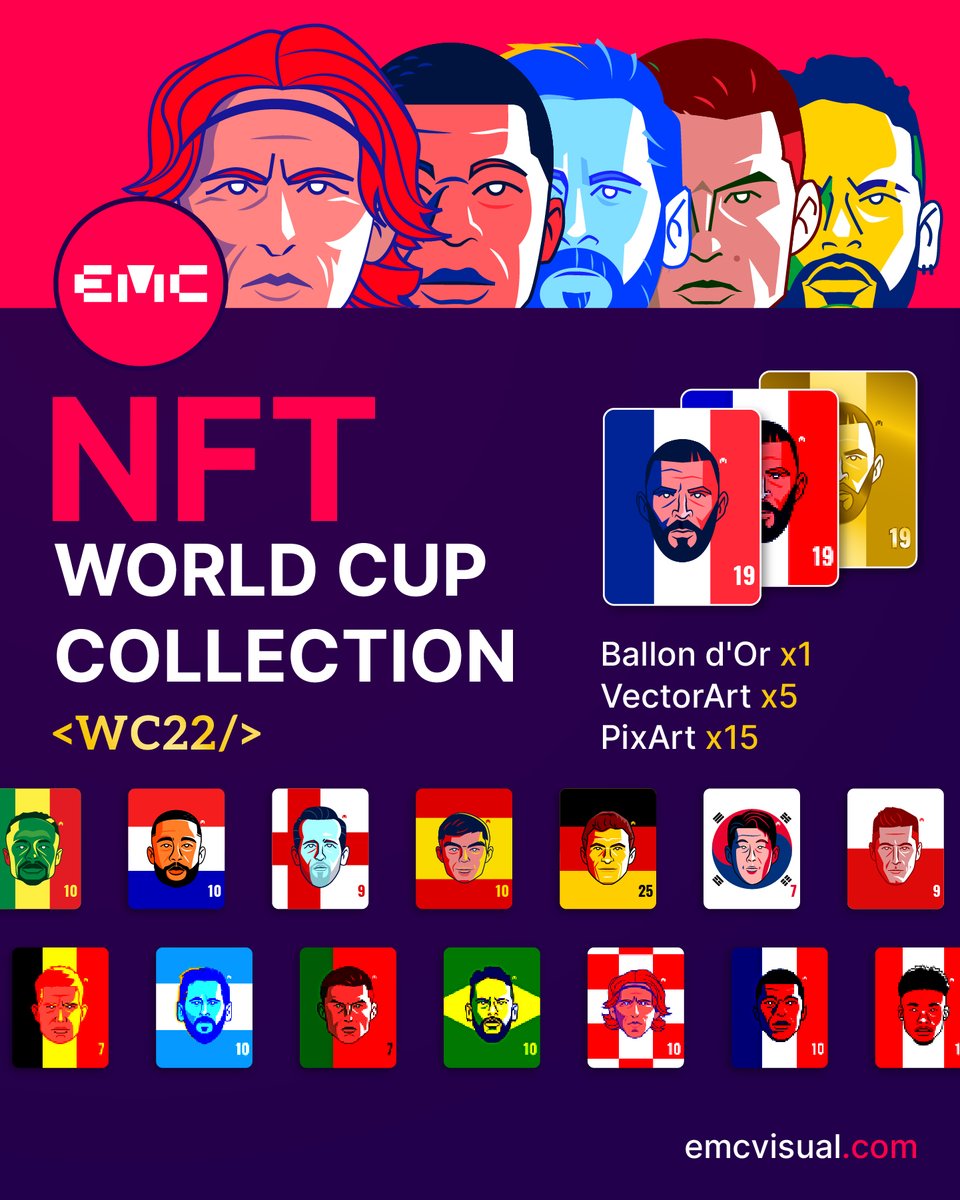 EMC_Visual's tweet photo. Visit our new NFT collection <WC22/>
Visita nuestra nueva colección de NFT <WC22/>
https://t.co/n4iRxSz1VO

#NFTs #NFTCommunity #NFTcollections  #FIFAWorldCup #FIFAWorldCupQatar2022 #Messi𓃵 #Ronaldo𓃵 #mbappe2023 #Neymar #Mane #Pedri #Modric #KAne #Lewandowski #Muller #benzema https://t.co/kyuSGRacyb