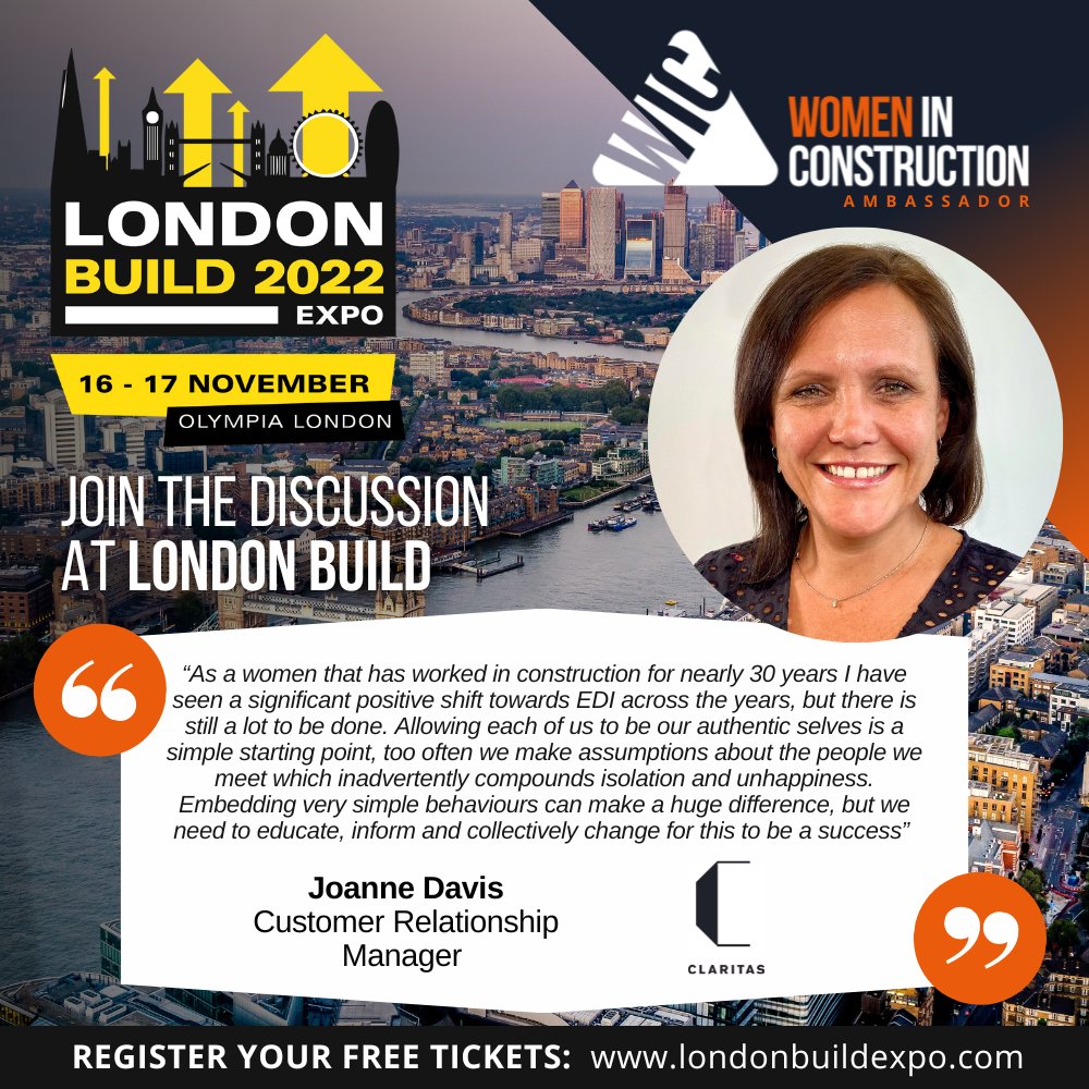 We are delighted that our Customer Relationship Manager Jo Davis has signed up to be an ambassador for Women In Construction at this year's London Build 2022.

The show is on at Olympia London on 16th &amp; 17th November.