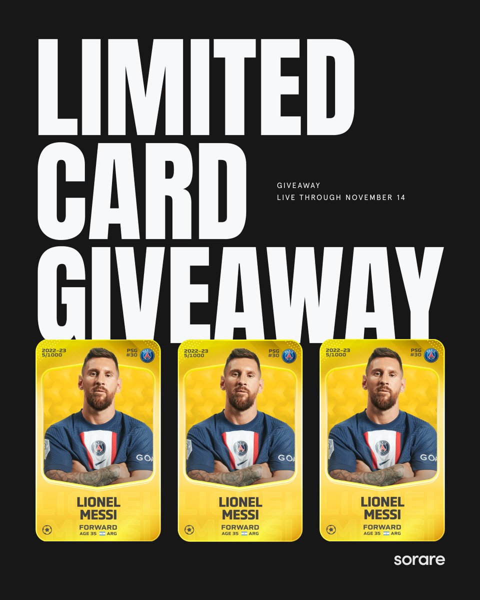 To celebrate our new long-term partnership with Lionel Messi, we’re giving away THREE 2022/23 Messi Limited cards! To enter: 1️⃣ Follow @Sorare 2️⃣ RT this Tweet Good luck! 🤞 #OwnYourGame