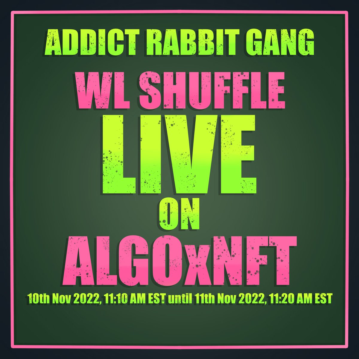 AddictRabbit_G's tweet photo. Morning #algofam
You have WL spots? This is it! WL shuffle is live on @ALGOxNFT 
Link : https://t.co/Ci8AAZmAy4

Let's be Addict! 🐰
#Algorand #ALGO #algoNFT #AlgorandHasNFTs #AlgoNFTs #algofifa https://t.co/lplvptKUvI