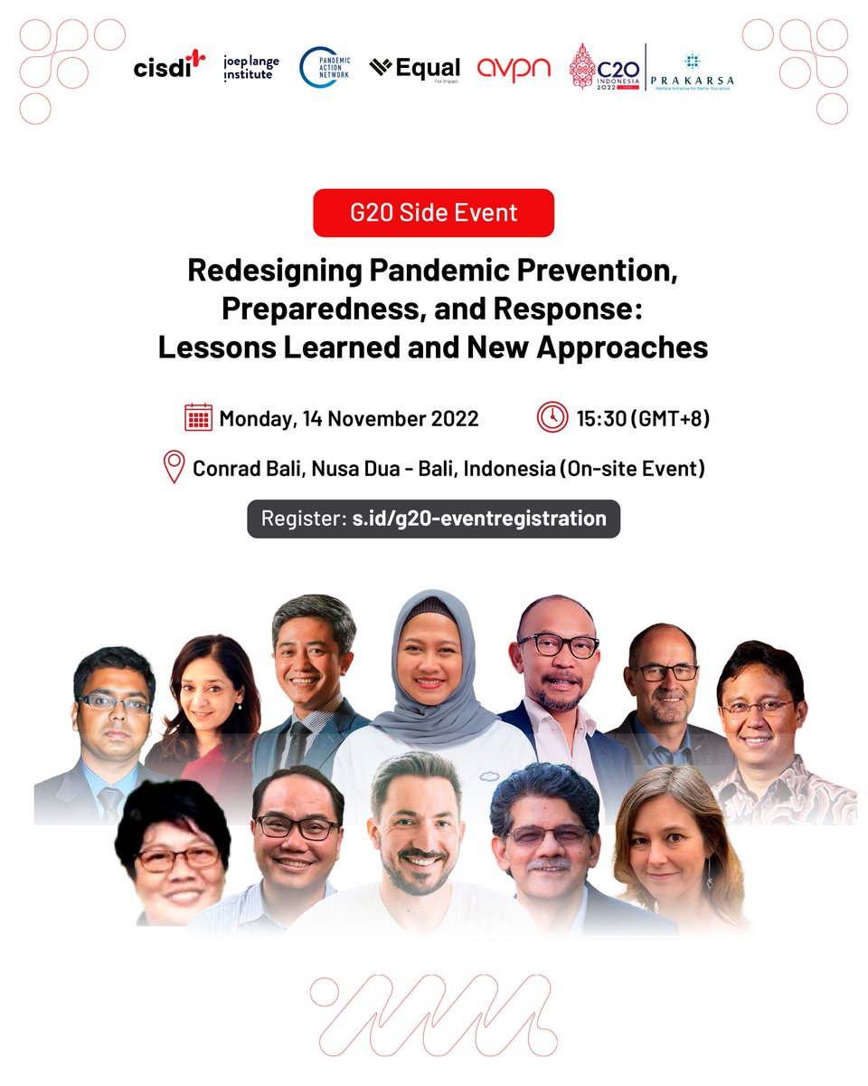 Going to the #G20? You're invited to a special G20 side event: Redesigning Pandemic Prevention, Preparedness, and Response
 📅 Monday, November 14th, 2022
🕔 15.30 (Central Indonesian Time/GMT+8)
📍 Kecak Ballroom, Conrad Bali 
REGISTER: loket.com/event/g20-side…