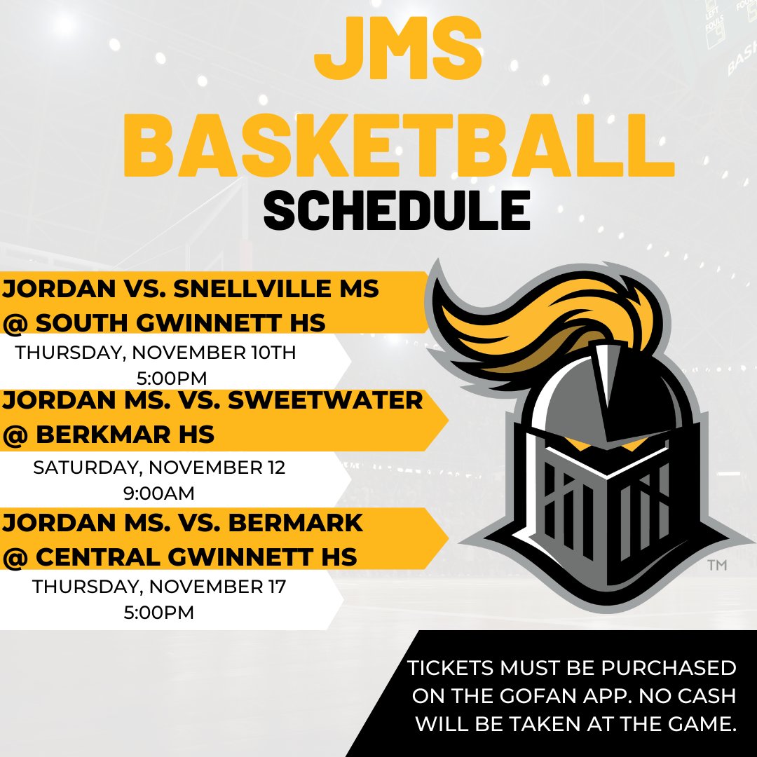 jordanmsgcps's tweet photo. #JMSBlackKnights don't forget tomorrow, Thursday, November 10th is our first JMS basketball game. All tickets must be purchased using the GoFan App or https://t.co/mooArJuRzC No cash will be accepted at the game. Concessions are credit/debt only. #centralgwinnett #gcps https://t.co/nP9DKEZ6KB