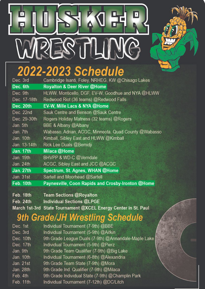 _HHSwrestling's tweet photo. Official release of the 2022-2023 Husker Wrestling Schedule. Circle Dec. 6th on your calendars right now ladies and gentleman. HUGE Section 7A dual with last years State Runner-Up Royalton-Upsala!! Let's pack the gym and make this an awesome wrestling atmosphere!! #HuskerPride https://t.co/hXx2Zq84Vp